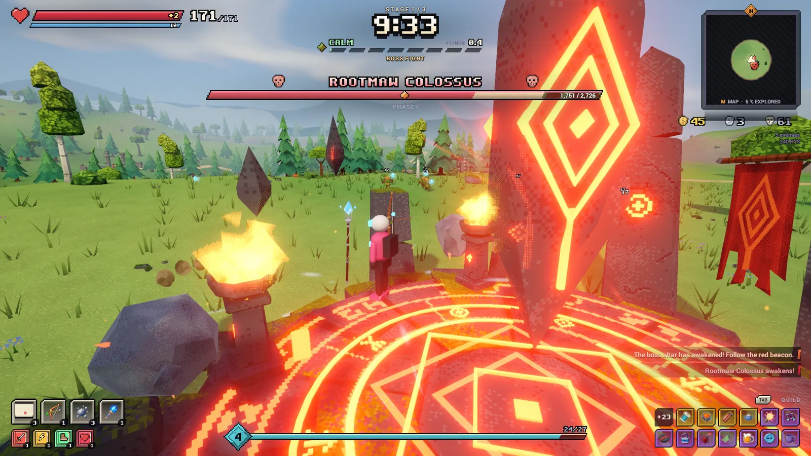 Boss fight HUD: the Rootmaw Colossus health bar over a glowing red rune altar