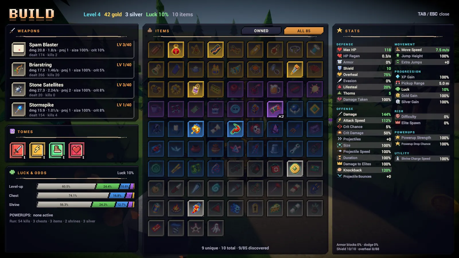 The Build panel listing weapons, tomes, a grid of collected items and the full stat sheet