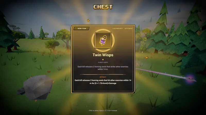A chest revealing the Legendary item Twin Wisps in a burst of gold light