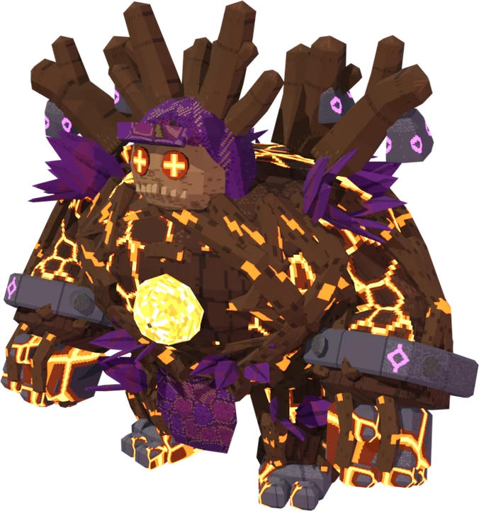 The Rootmaw Colossus: a towering bark golem with cracked lava seams and a glowing core