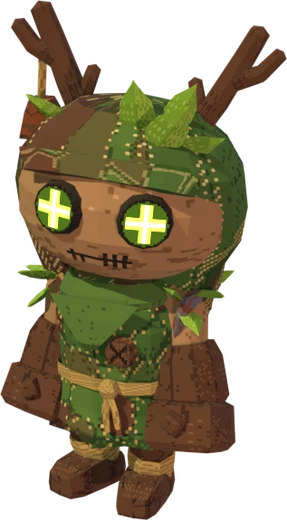 Junkling: a small patchwork scout with antlers and glowing cross eyes