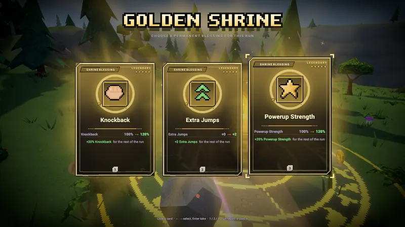 Golden Shrine blessing cards: Knockback, Extra Jumps and Powerup Strength