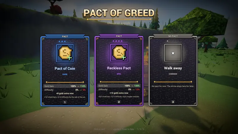 The Pact of Greed screen with Pact of Coin, Reckless Pact and Walk away cards