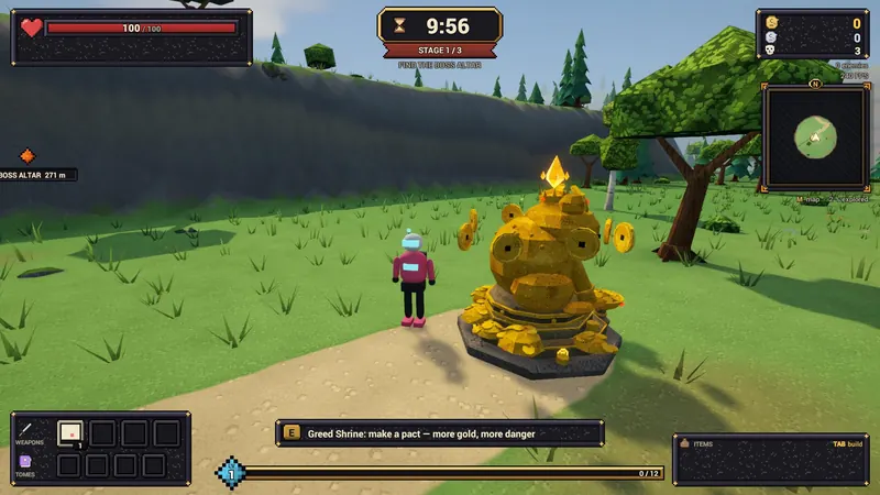 A golden greed shrine glowing on a forest path