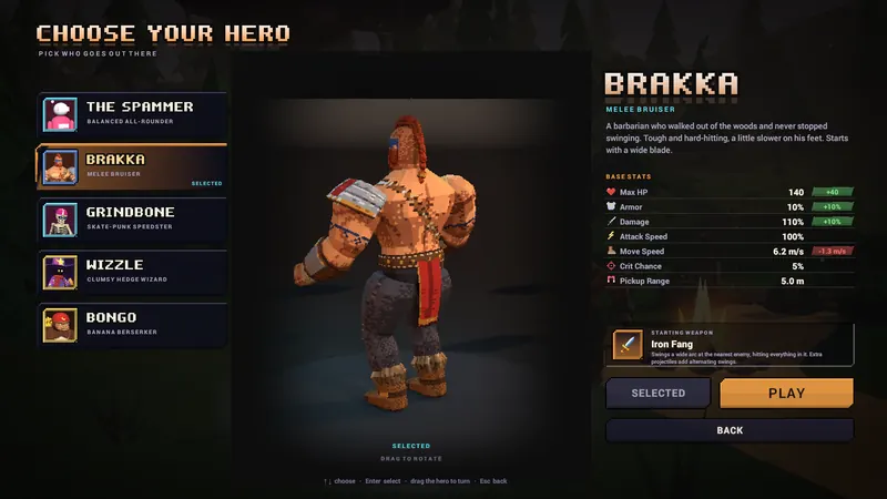 Choose Your Hero screen with Brakka on the turntable