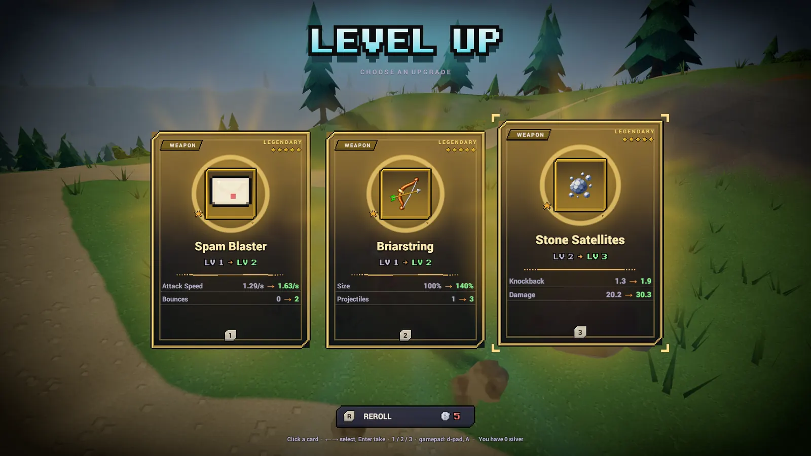 Level-up screen offering three weapon cards: Spam Blaster, Briarstring and Stone Satellites