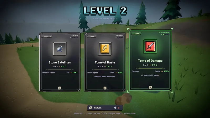 Level 2 card choice: Stone Satellites, Tome of Haste and Tome of Damage