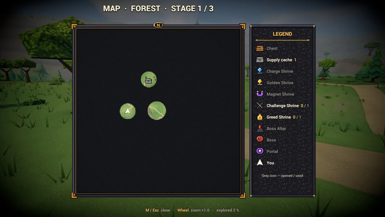 World map of Forest stage 1 with fog of war and a legend of chests, shrines, the boss altar and the portal