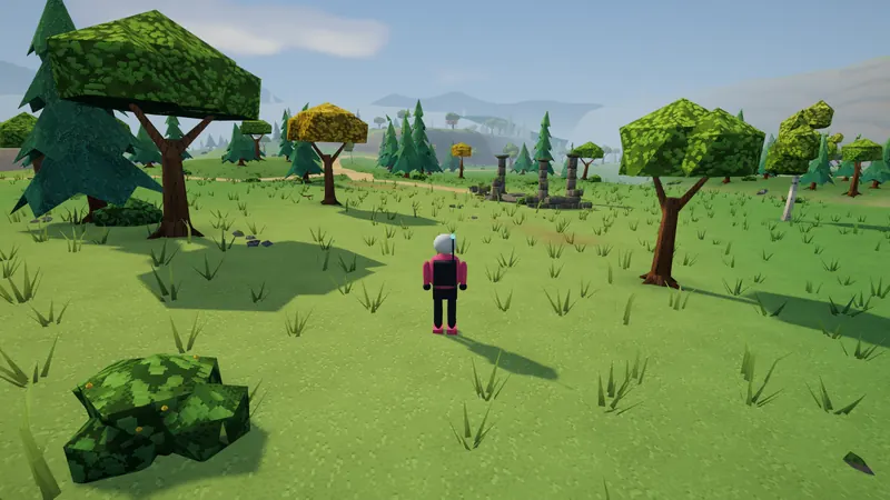 The Spammer standing in a meadow of low-poly trees