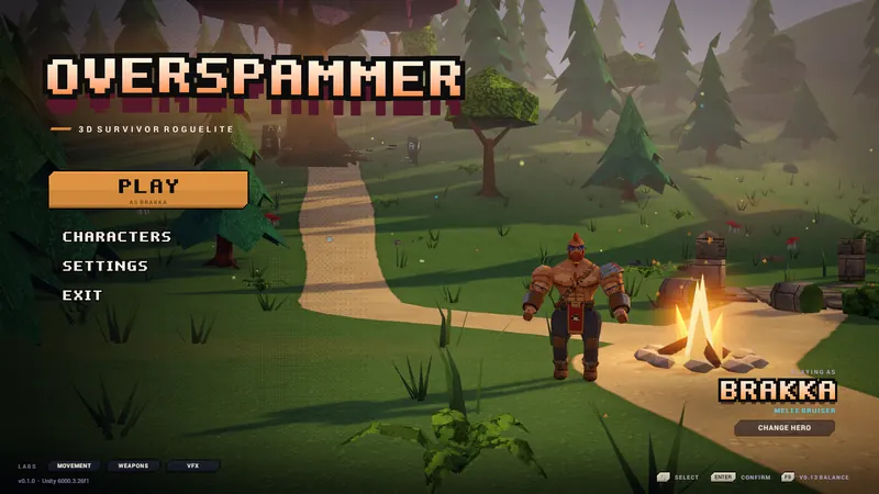 Main menu: Brakka by the campfire in a misty forest clearing