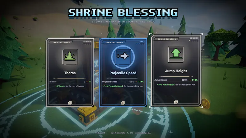 Shrine Blessing cards: Thorns, Projectile Speed and Jump Height