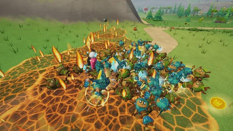 Ashstep: a trail of burning ground and flame spikes under a horde