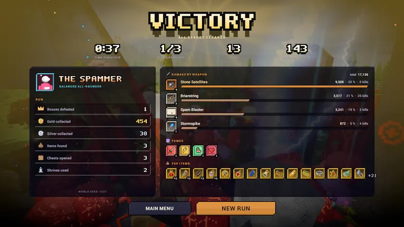 Victory results screen with the run's weapons, tomes and items